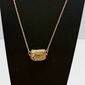 1928 Necklace Novelty Purse Pendant with Rope Chain Goldtone Signed Rhinestones